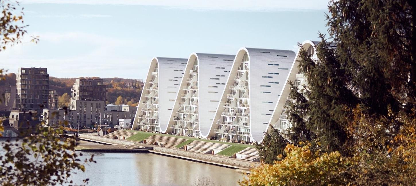 Bølgen og havnefronten set fra Nørreskoven om efteråret