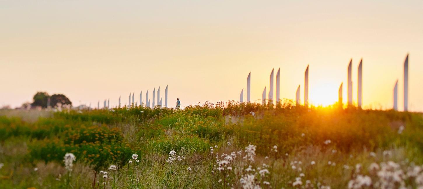 Jelling monumentområde med palisaderne ved solnedgang