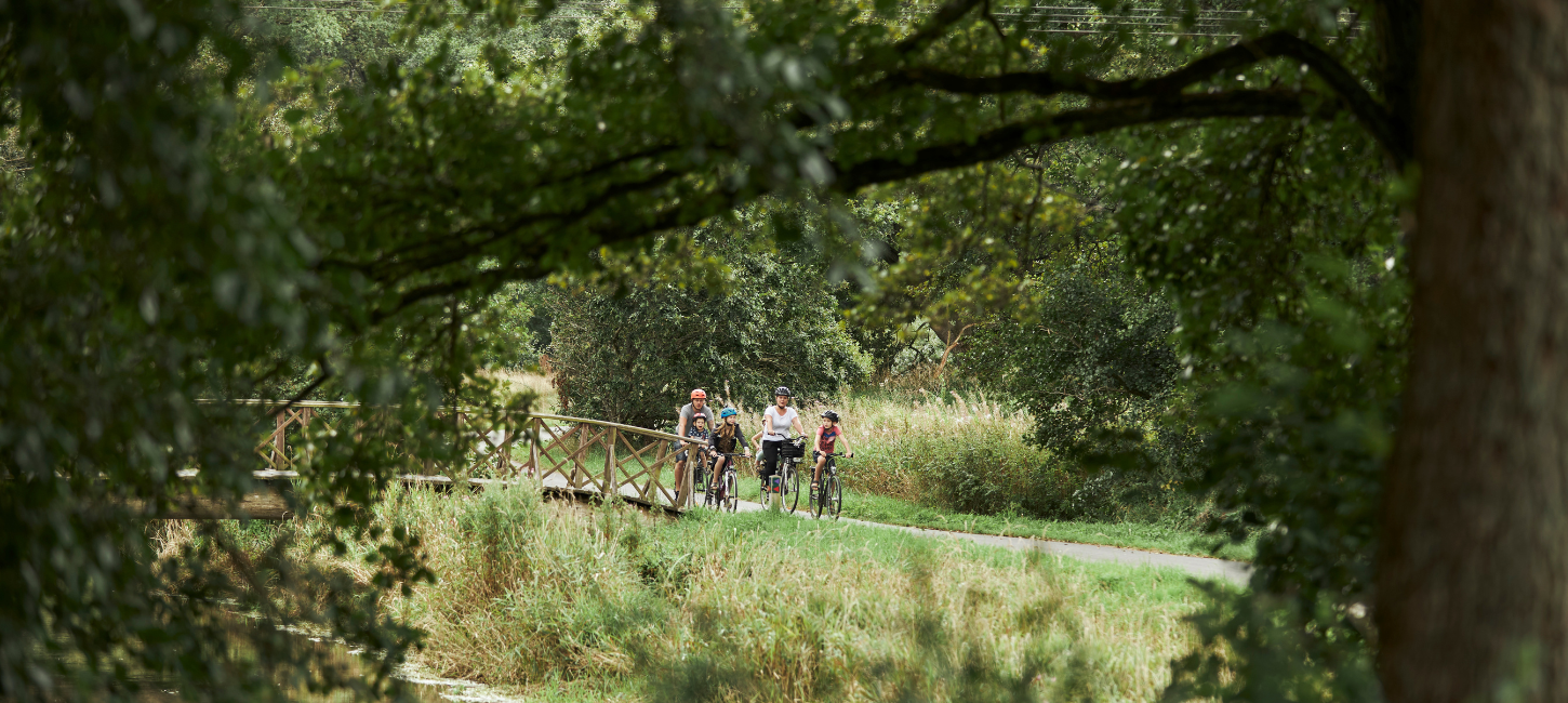 Familie cykler langs Bindeballestien