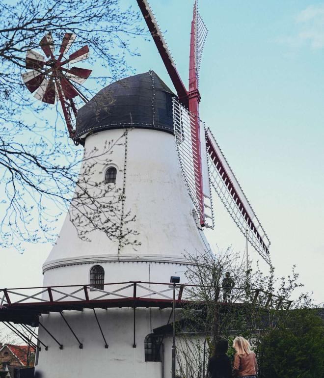 An einem Frühlingstag stehen zwei Menschen da und blicken zur Windmühle von Vejle hinauf
