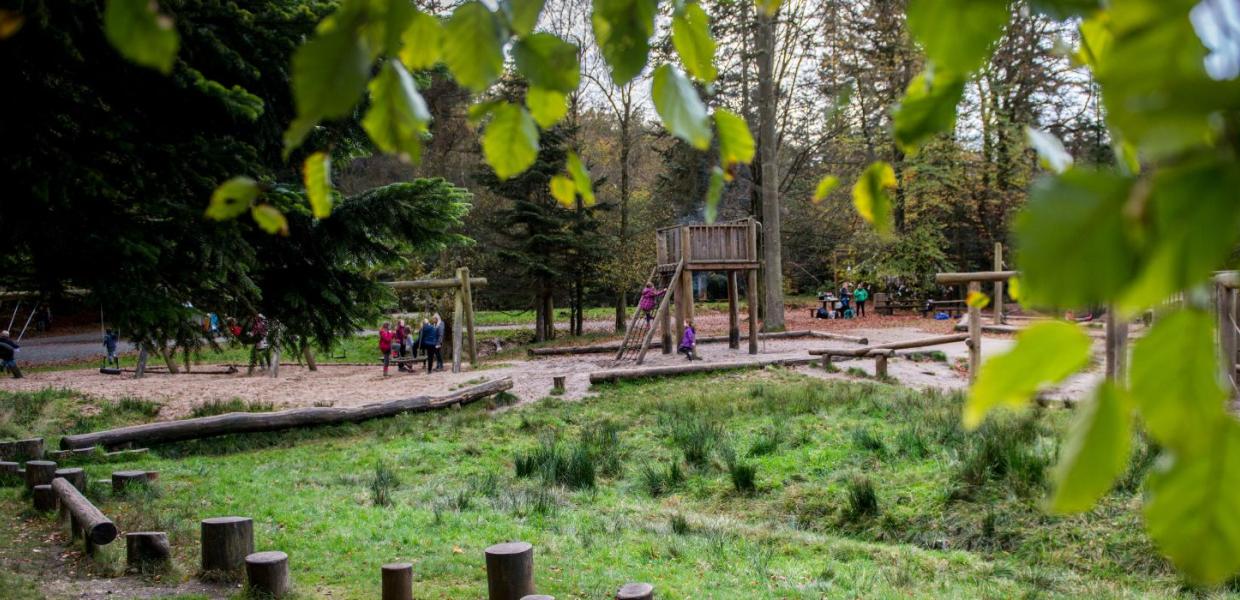 Die Familie spielt auf dem Naturspielplatz in Sønderskoven