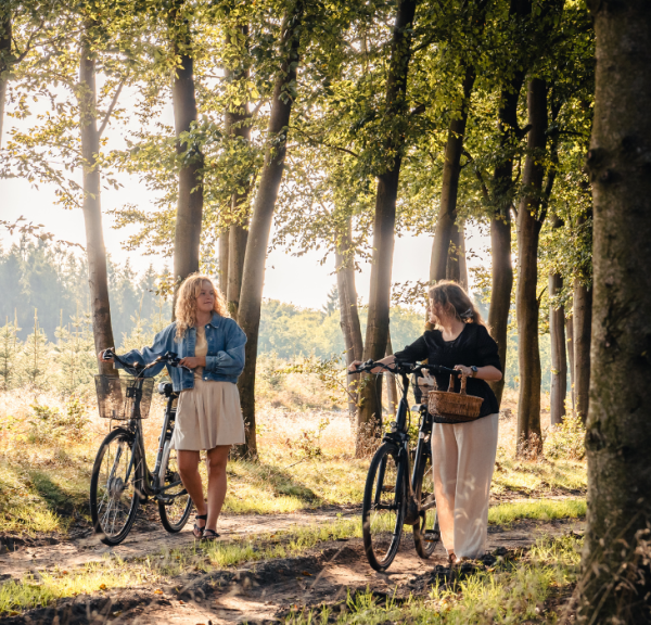 Zwei Frauen auf einer Pilztour im Wald mit Fahrrädern