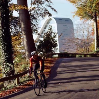 Radfahrer auf einer herbstlichen Radtour im Nørreskoven in Vejle mit dem Bølgen im Hintergrund