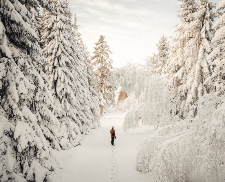 Eine Person bei einem Spaziergang in der verschneiten Landschaft in Kollemorten
