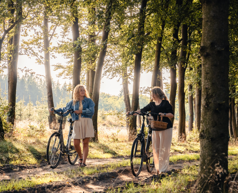 Zwei Frauen auf einer Pilztour im Wald mit Fahrrädern