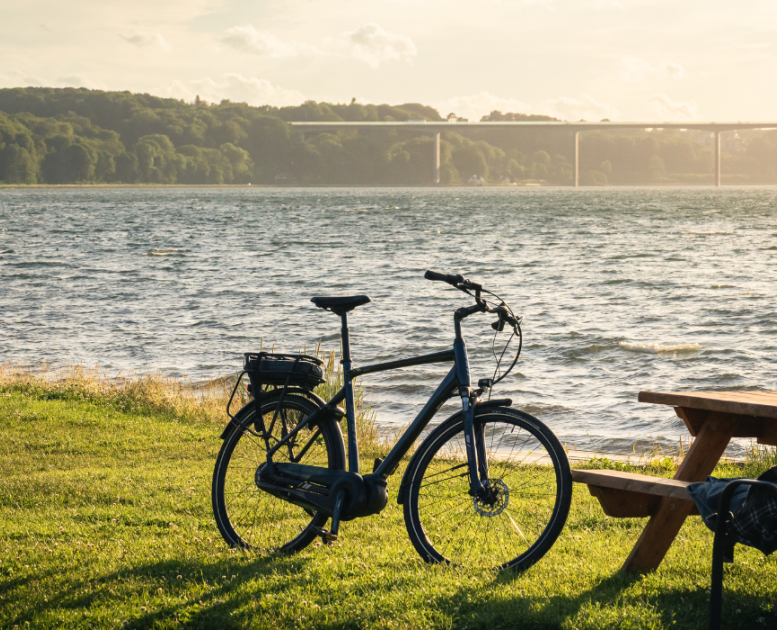 Abgestelltes Fahrrad am Ibæk-Strand mit Blick über den Fjord